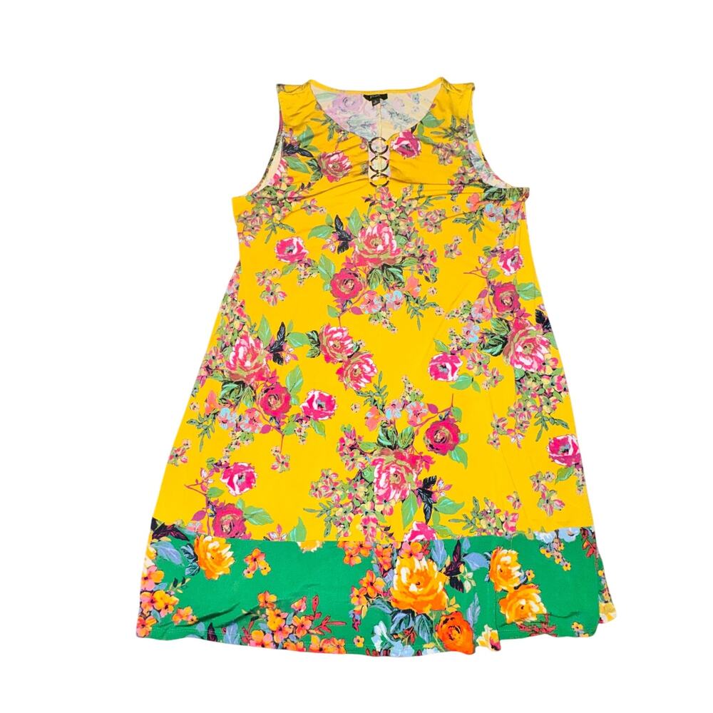 MSK Trapeze Knit Dress Womens Sz XL Yellow Green Floral 3 Ring Detail Sleeveless